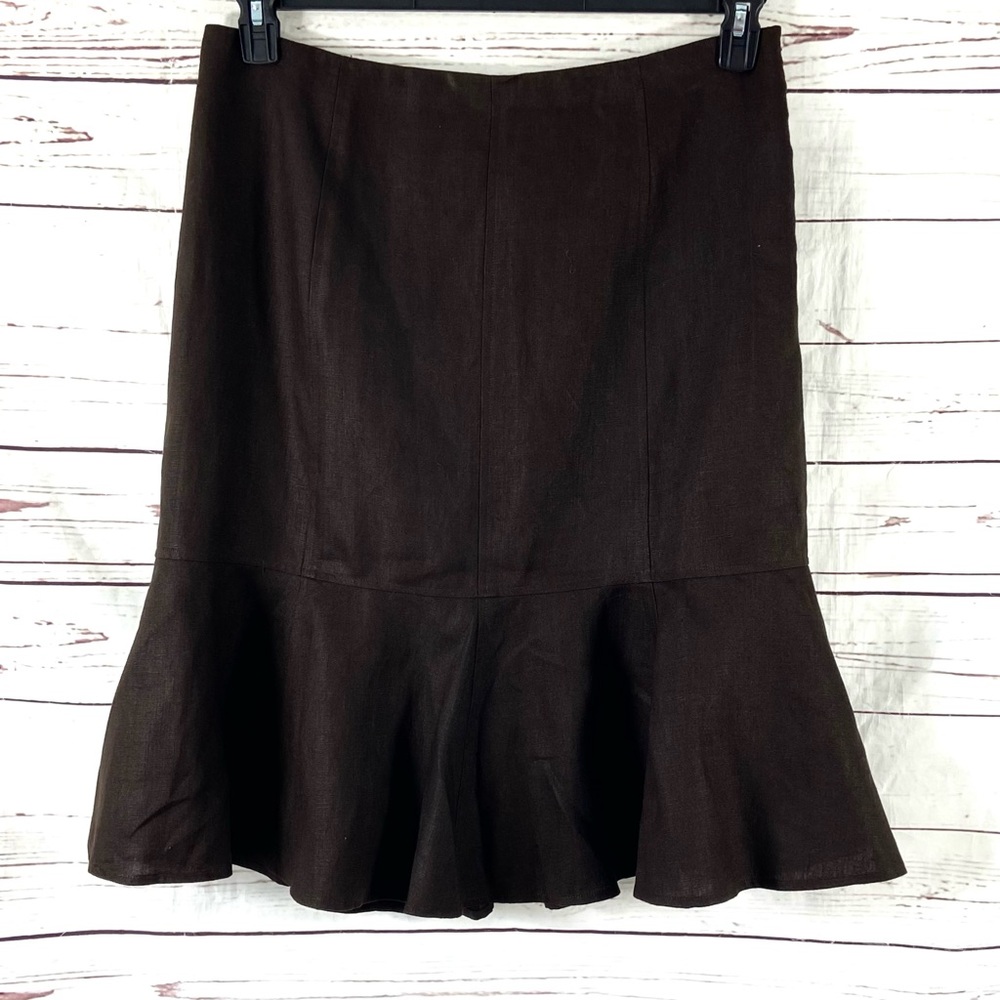 Lauren Ralph Lauren Skirt Women’s 14 Brown 100% Linen Ruffle Trim.